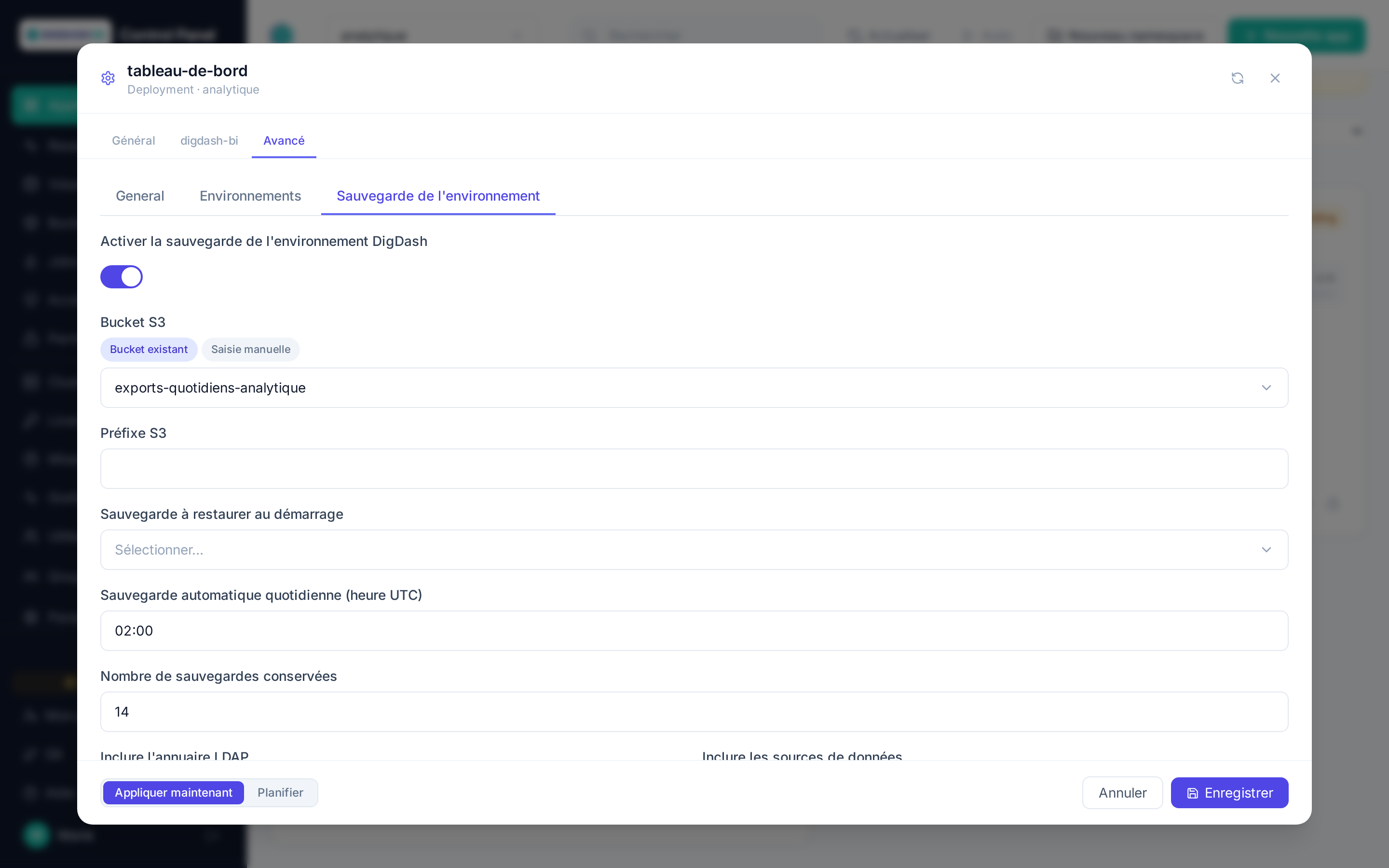 Catégorie Sauvegarde de l'environnement de la configuration avancée d'une application Digdash BI