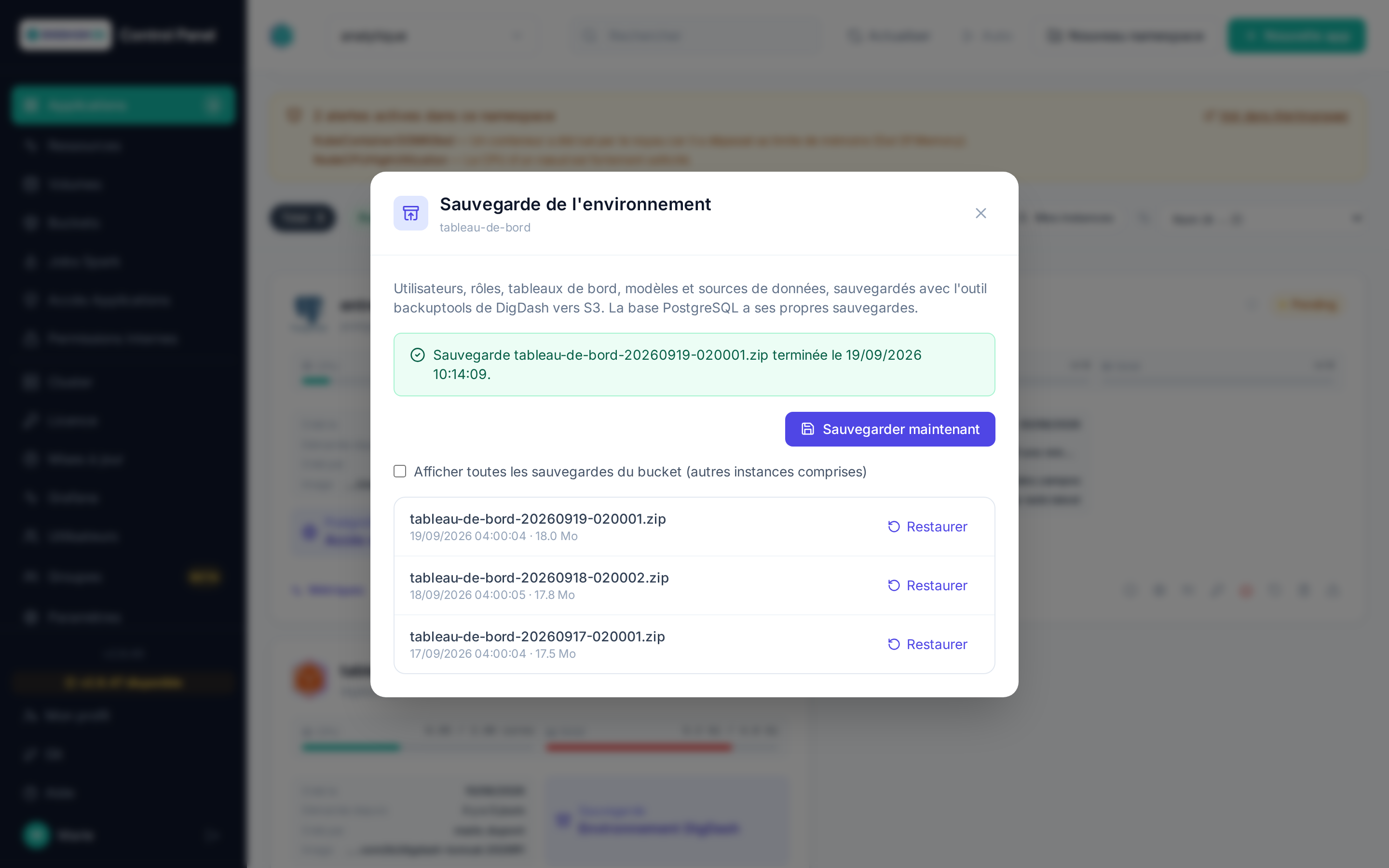 Fenêtre de sauvegarde de l'environnement ouverte depuis la carte d'une application Digdash BI