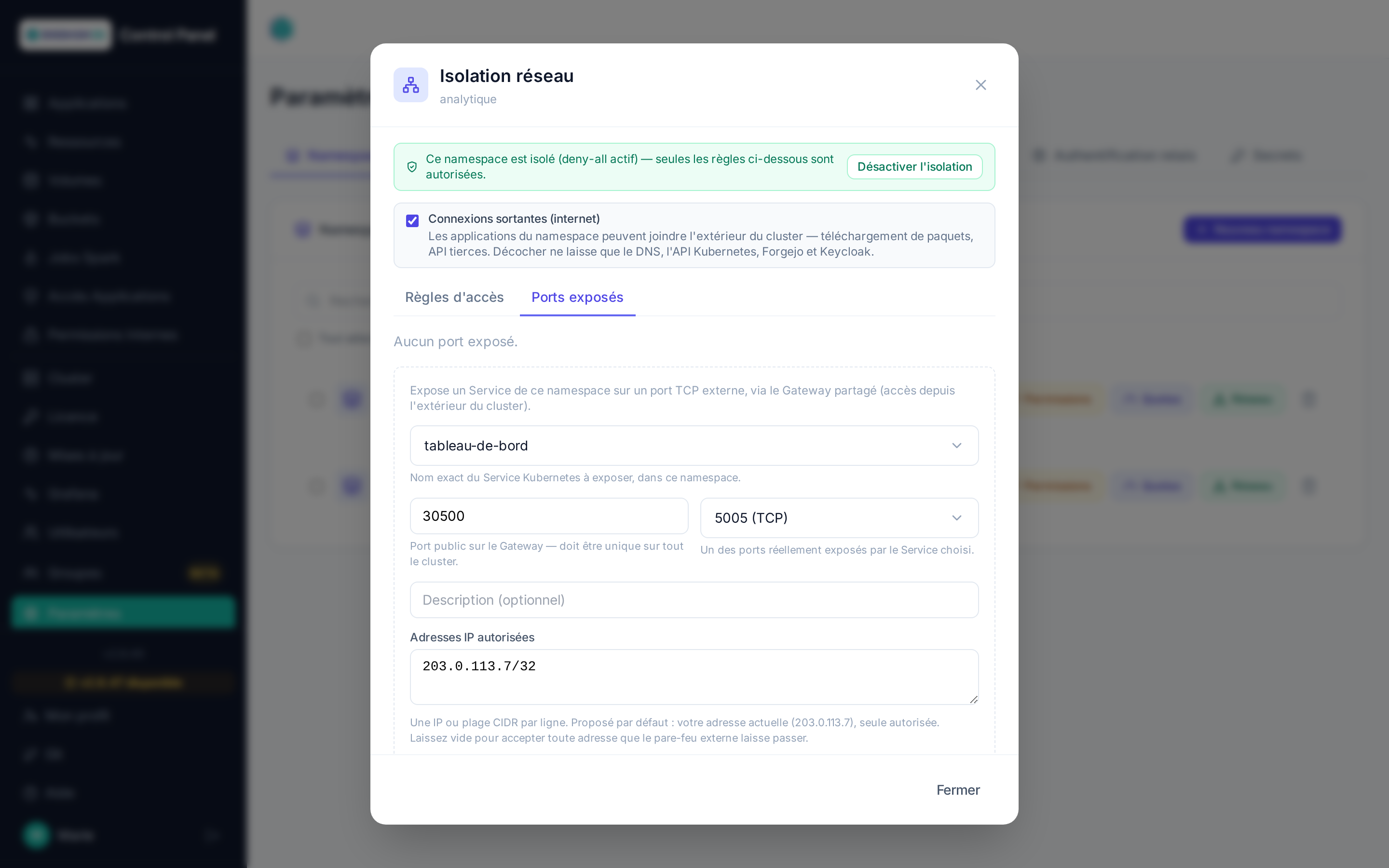 Création d'une règle Ports personnalisés pour exposer un port de debug