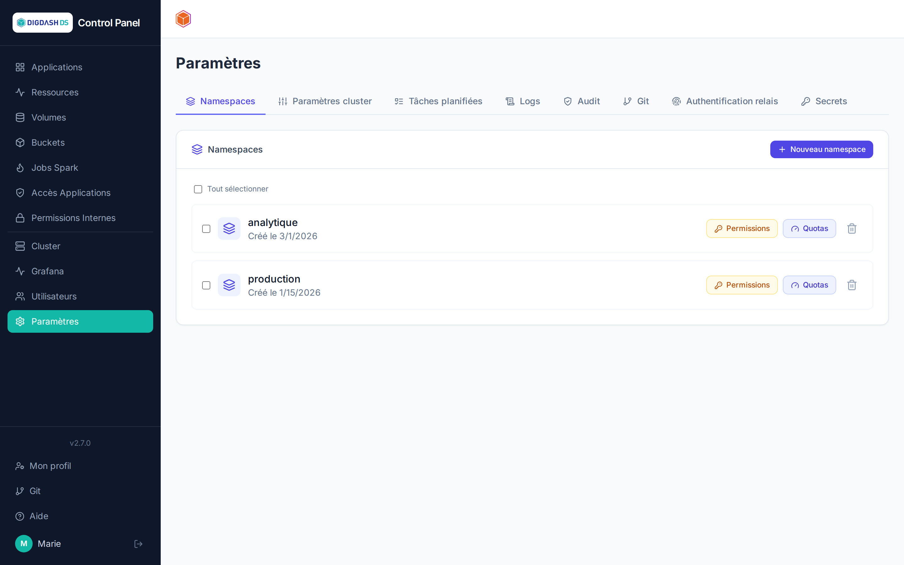 Paramètres — Namespaces