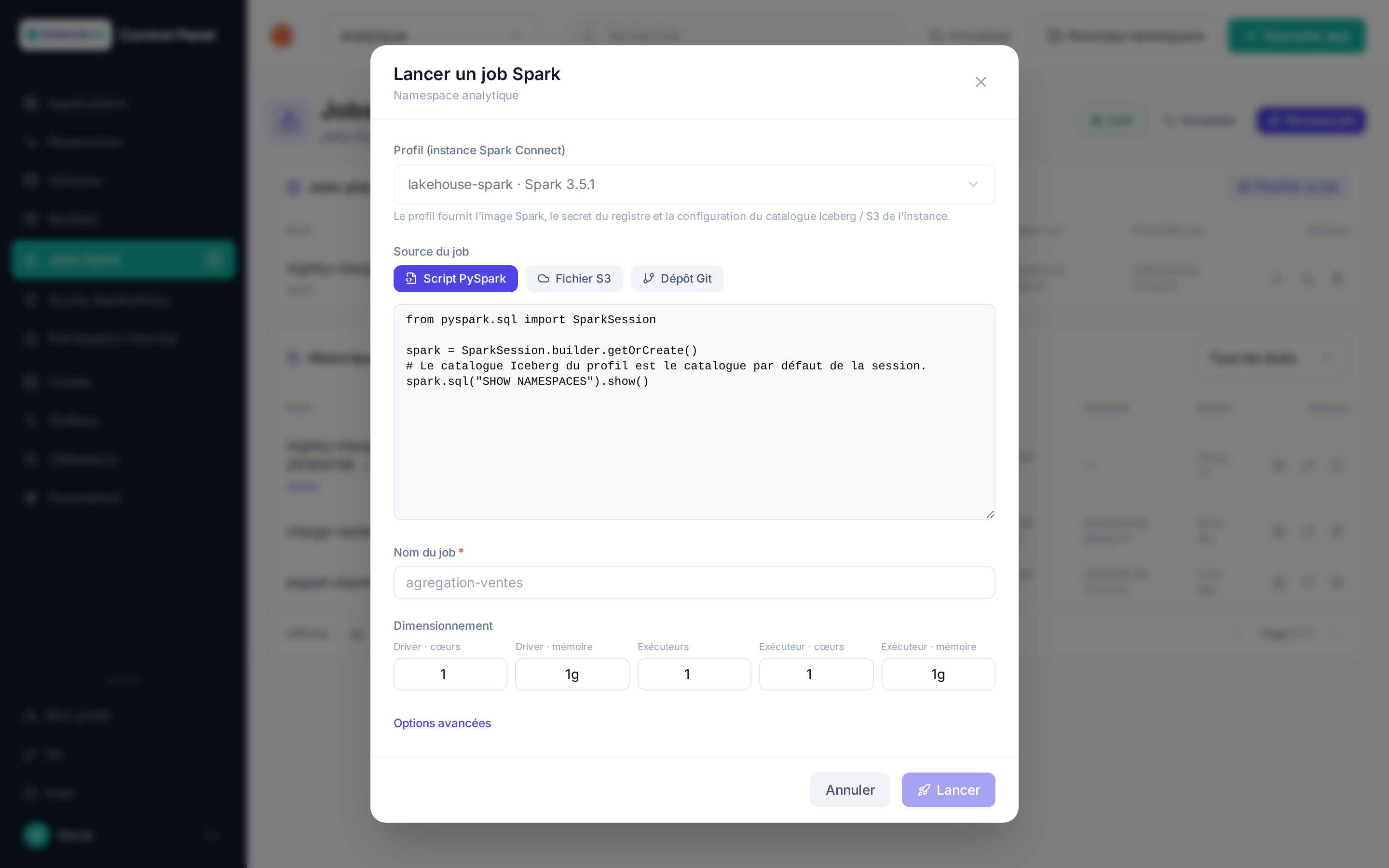 Formulaire de lancement d'un job Spark