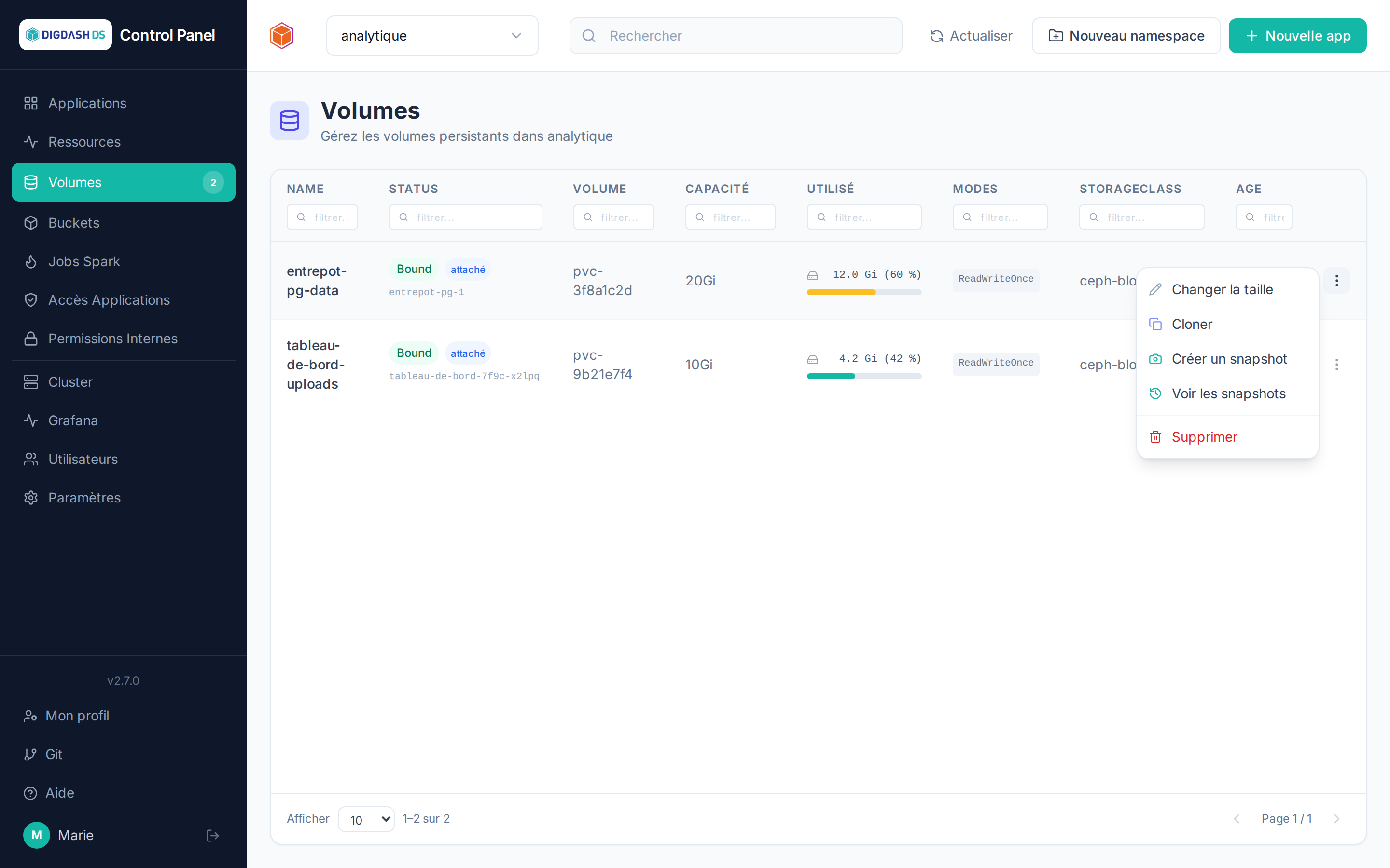 Menu d'actions sur un volume