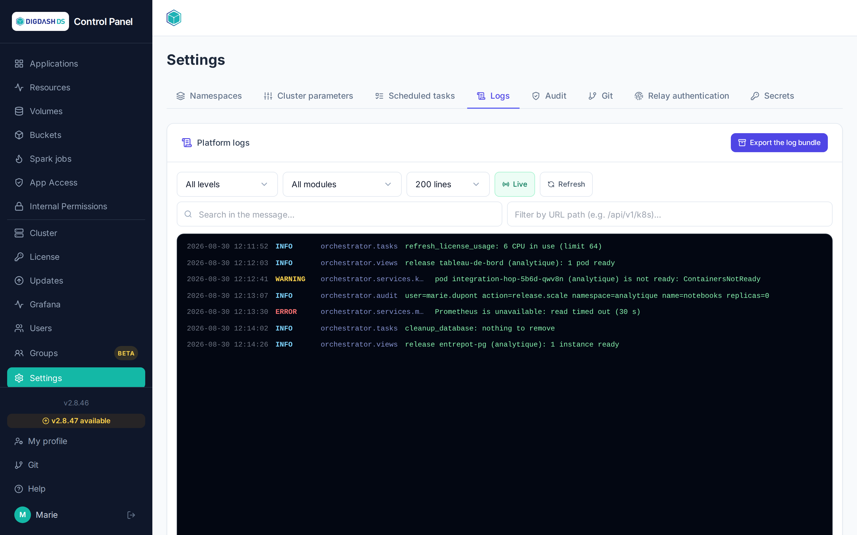 Logs tab and Export the log bundle button