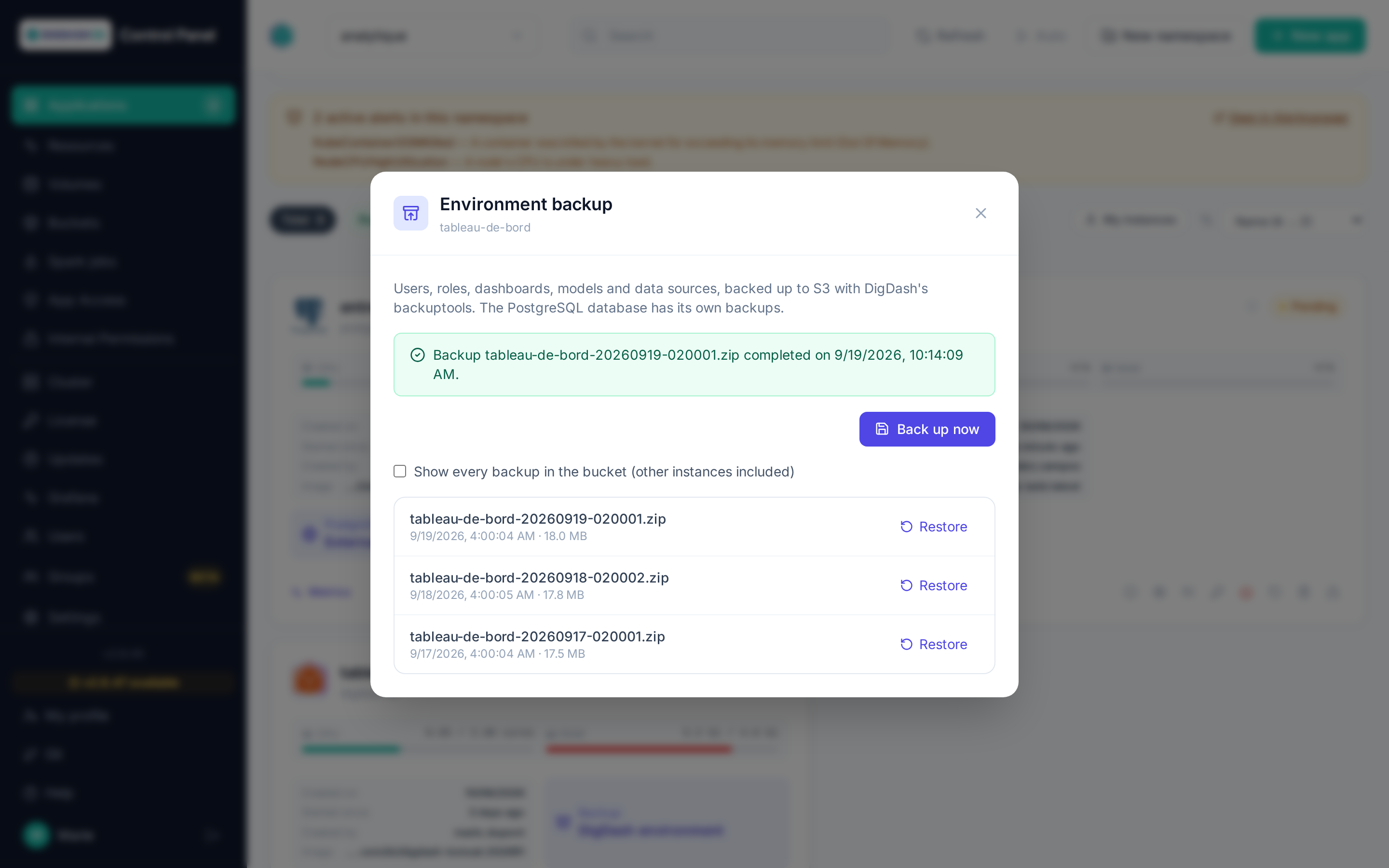 Environment backup window opened from a Digdash BI application's card