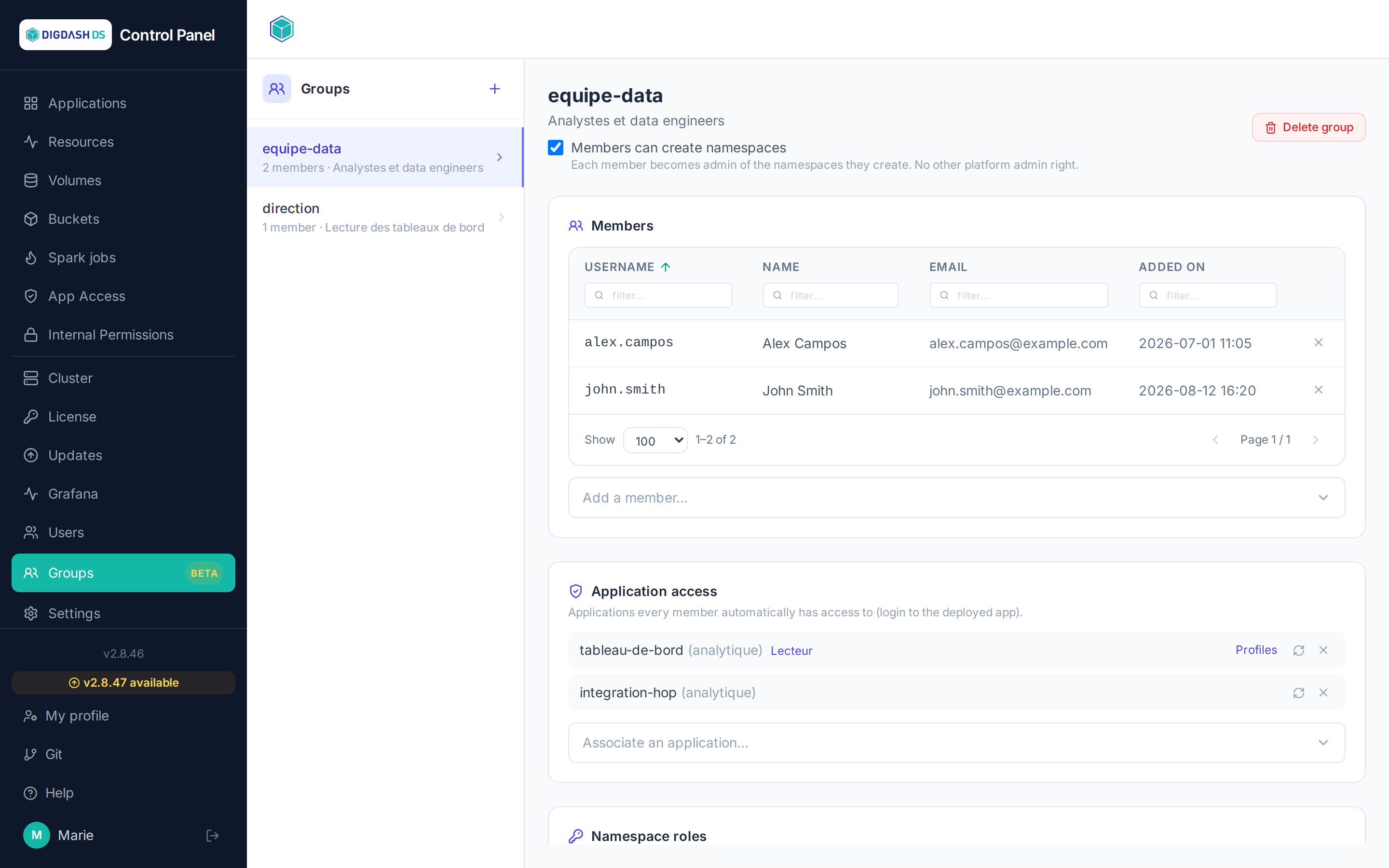 Groups page