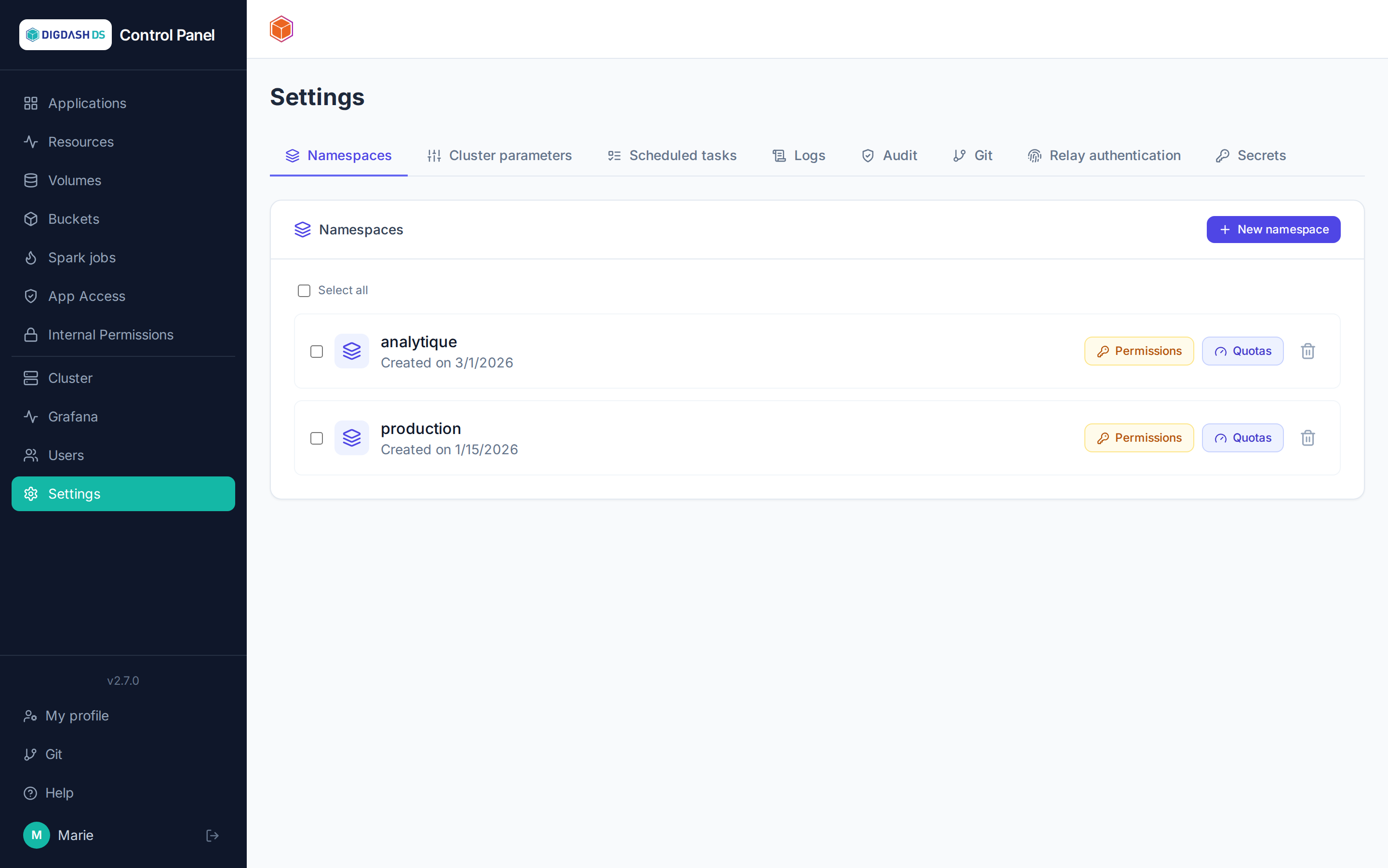 Settings — Namespaces