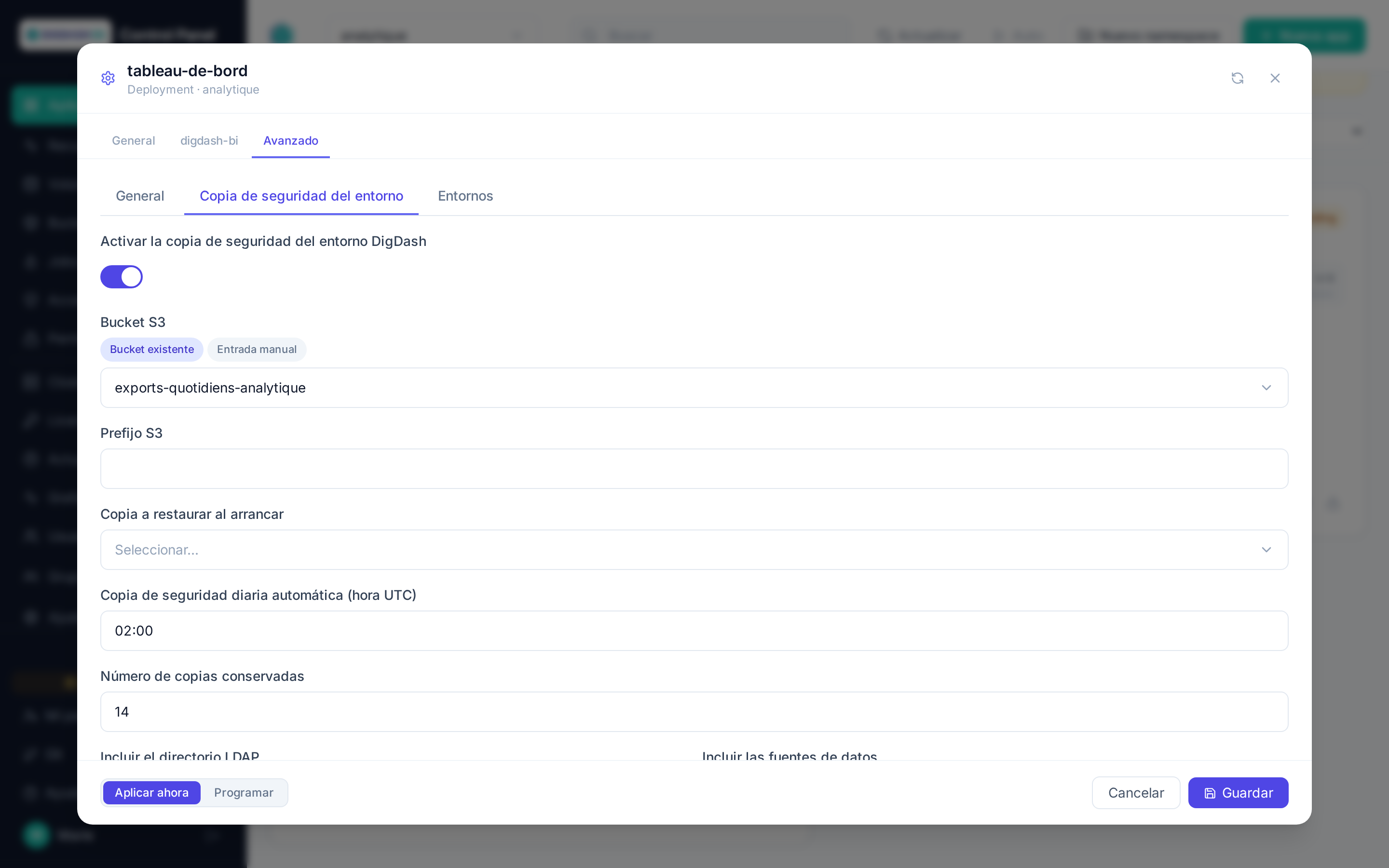 Categoría Copia de seguridad del entorno de la configuración avanzada de una aplicación Digdash BI