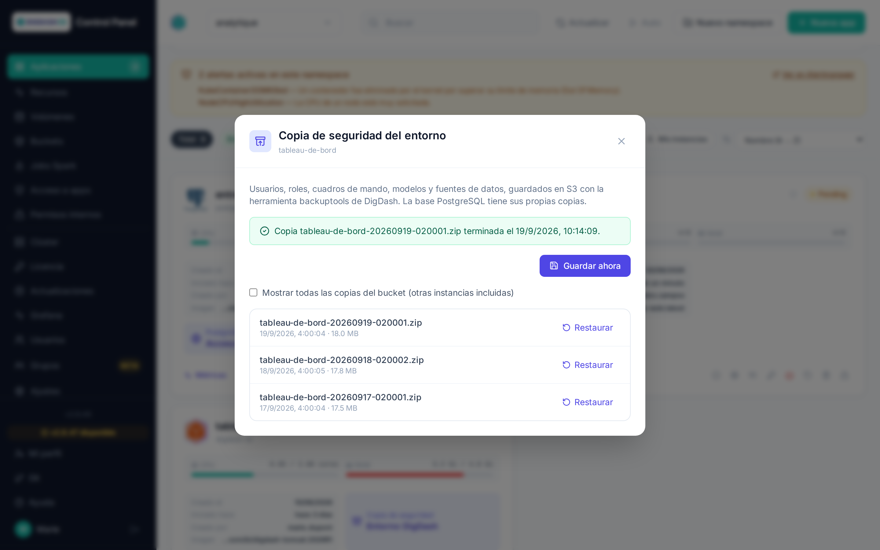 Ventana de copia de seguridad del entorno abierta desde la tarjeta de una aplicación Digdash BI