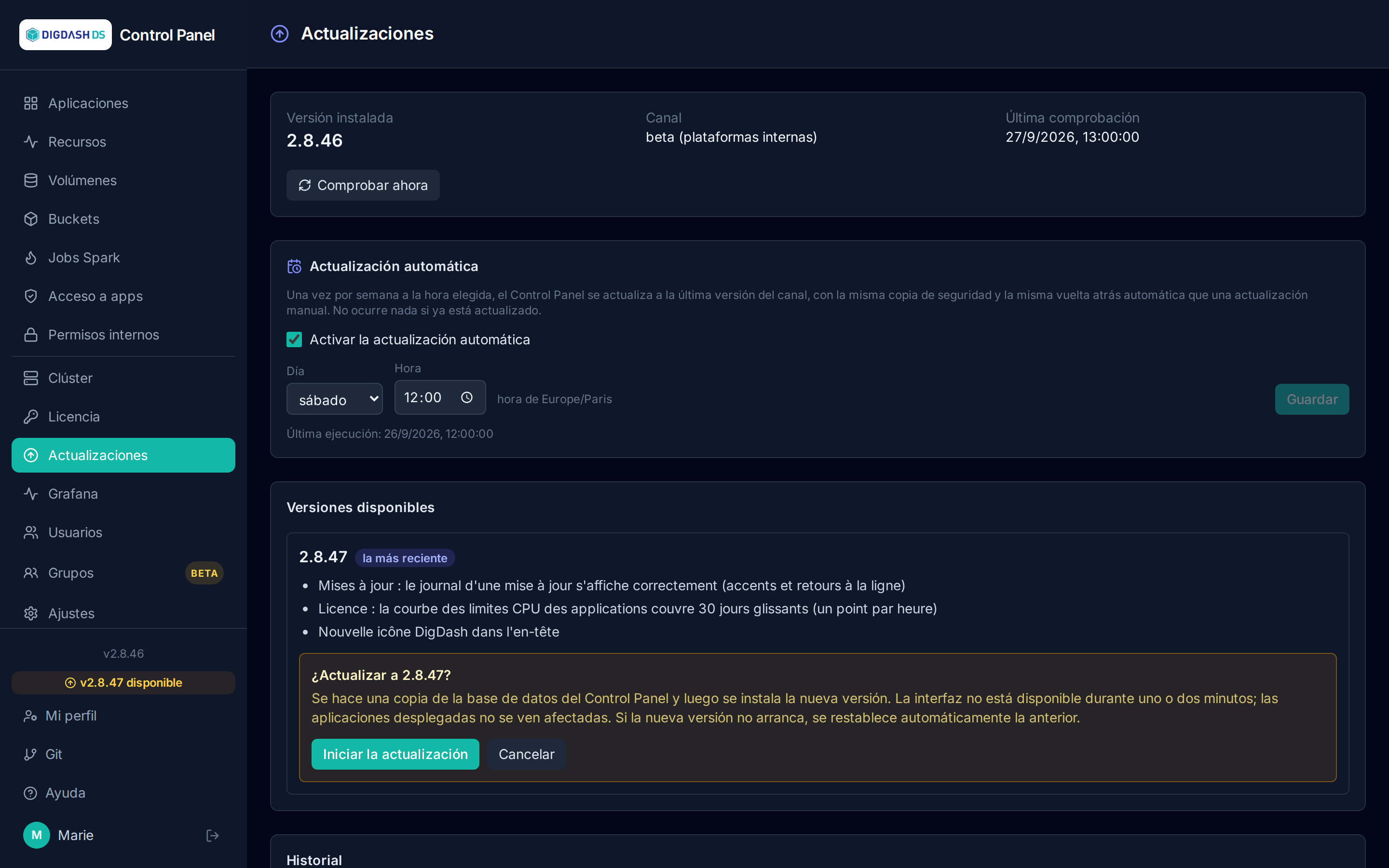 Confirmación de la actualización