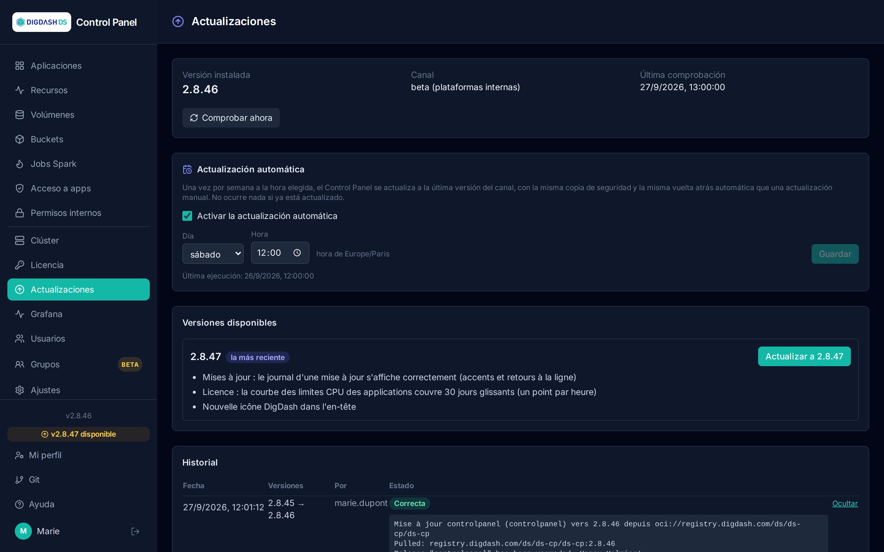 Registro de una actualización