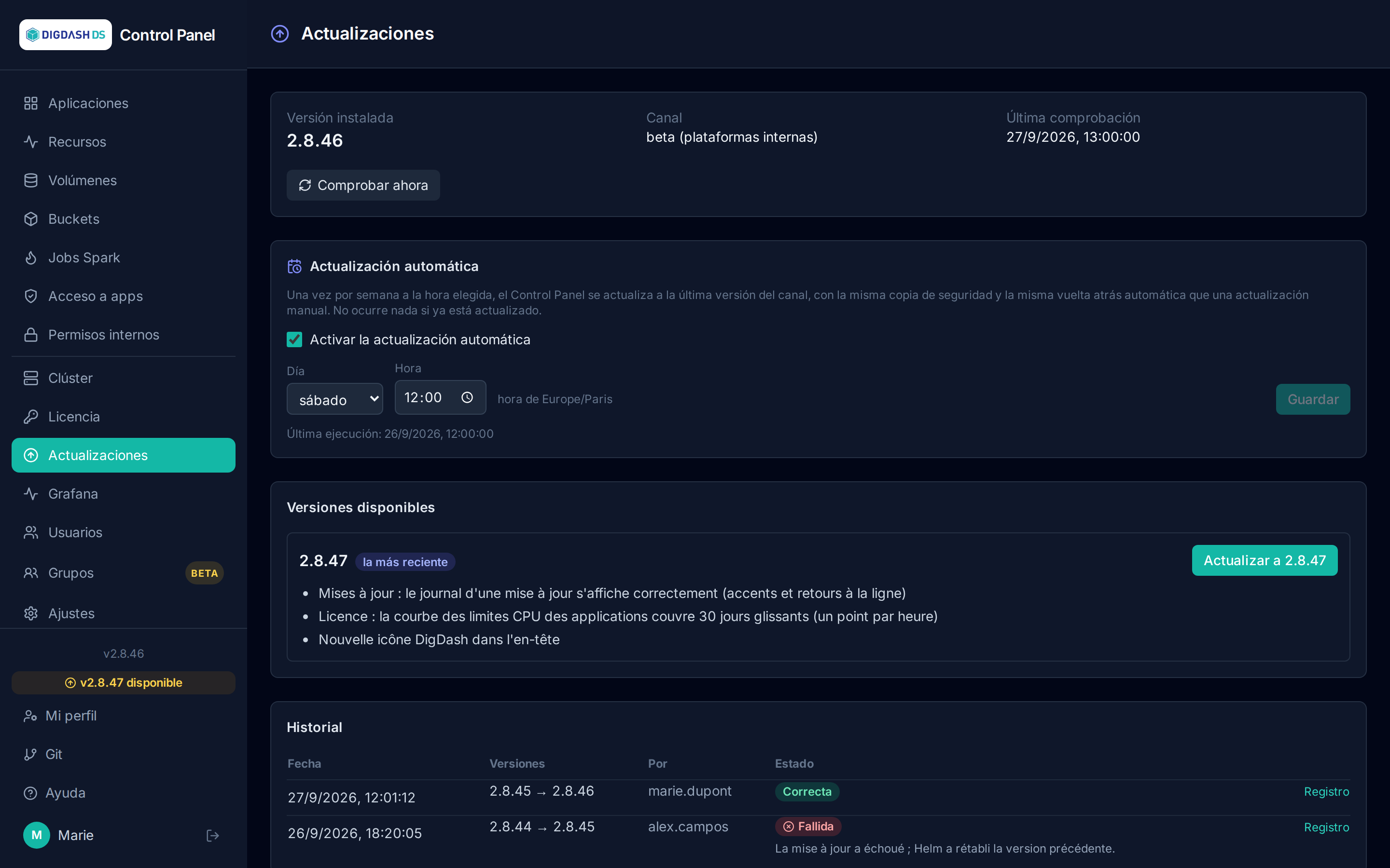 Página Actualizaciones